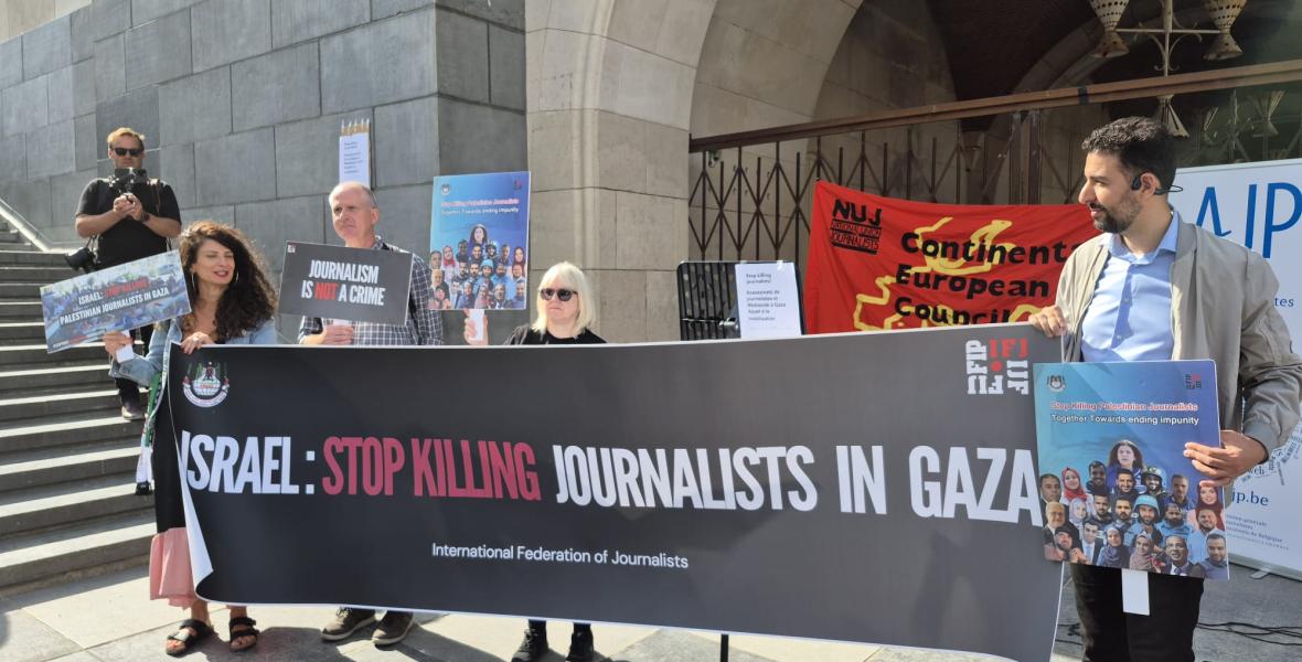 Betoging tegen het vermoorden van journalisten in Gaza.